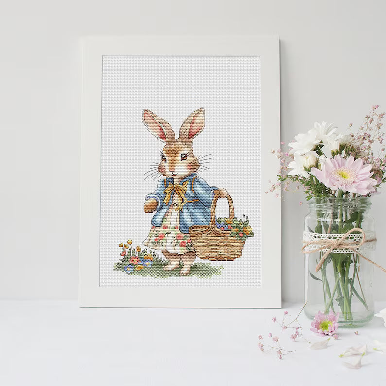 Rabbit Girl Cross Stitch Pattern: Bunny with Flowers (PDF Digital File) Instant Download