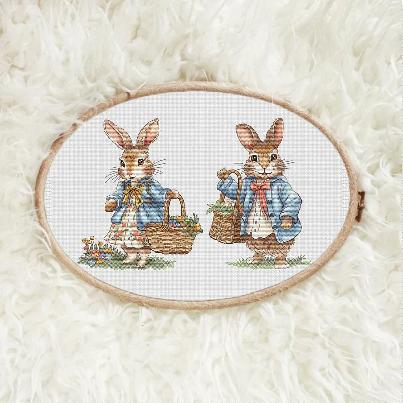 Rabbit Couple Cross Stitch Pattern: Spring Flower Basket (PDF Digital File) Instant Download