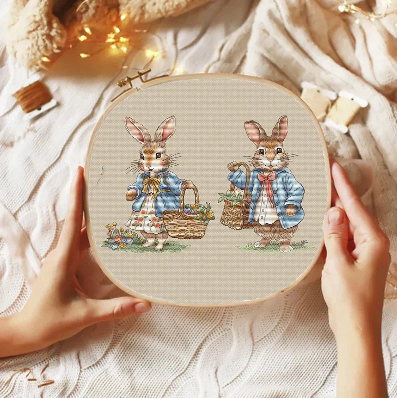 Rabbit Couple Cross Stitch Pattern: Spring Flower Basket (PDF Digital File) Instant Download