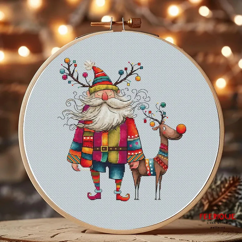 Funny Grandfather Frost and Reindeer, Christmas Cross Stitch Pattern – Humorous Holiday Embroidery Scheme, digital PDF, Saga, needlework art