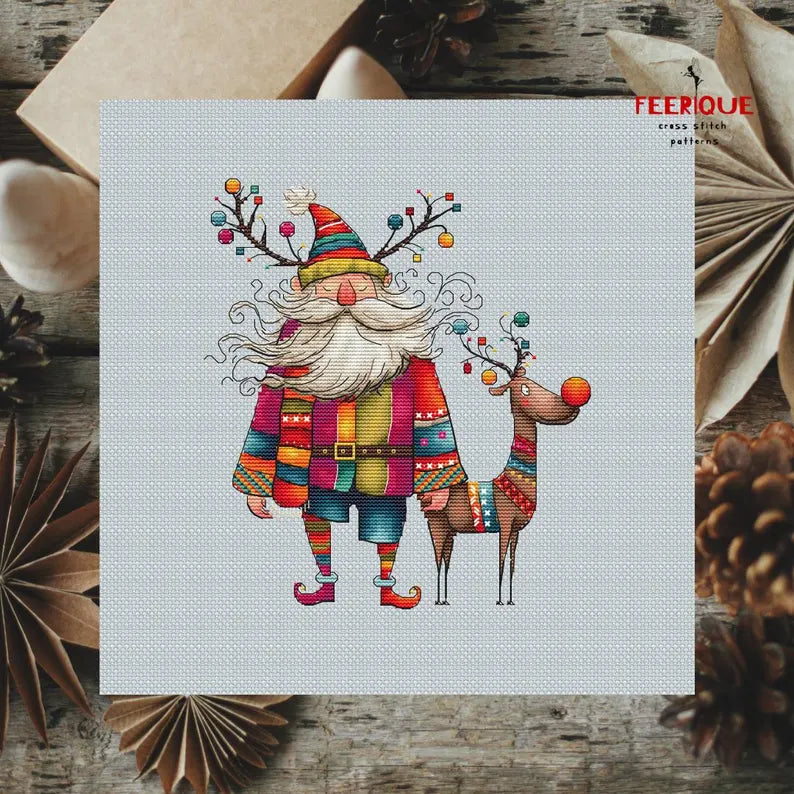 Funny Grandfather Frost and Reindeer, Christmas Cross Stitch Pattern – Humorous Holiday Embroidery Scheme, digital PDF, Saga, needlework art