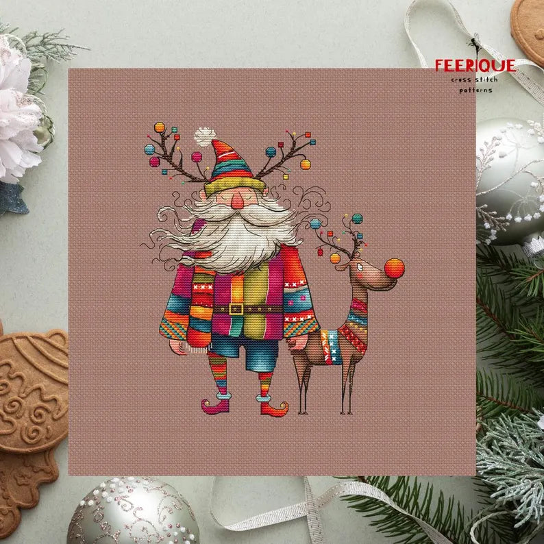 Funny Grandfather Frost and Reindeer, Christmas Cross Stitch Pattern – Humorous Holiday Embroidery Scheme, digital PDF, Saga, needlework art