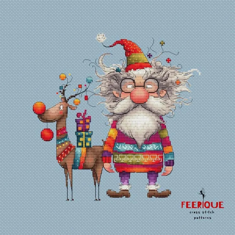Festive Christmas Cross Stitch Pattern: Santa Claus and Reindeer Delight, digital Saga, PDF, funny grandfather frost, humorous reindeer
