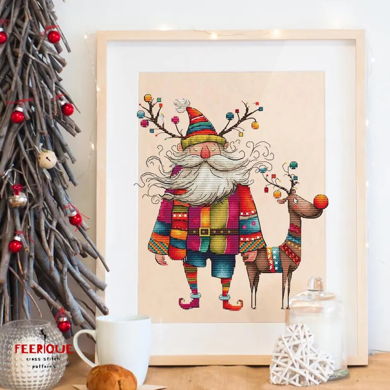 Funny Grandfather Frost and Reindeer, Christmas Cross Stitch Pattern – Humorous Holiday Embroidery Scheme, digital PDF, Saga, needlework art