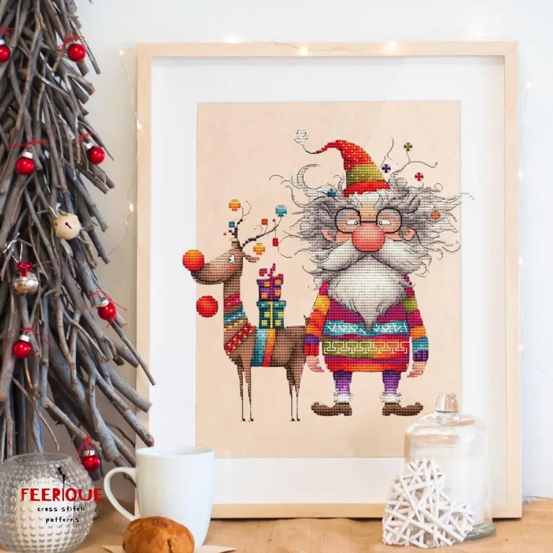 Festive Christmas Cross Stitch Pattern: Santa Claus and Reindeer Delight, digital Saga, PDF, funny grandfather frost, humorous reindeer