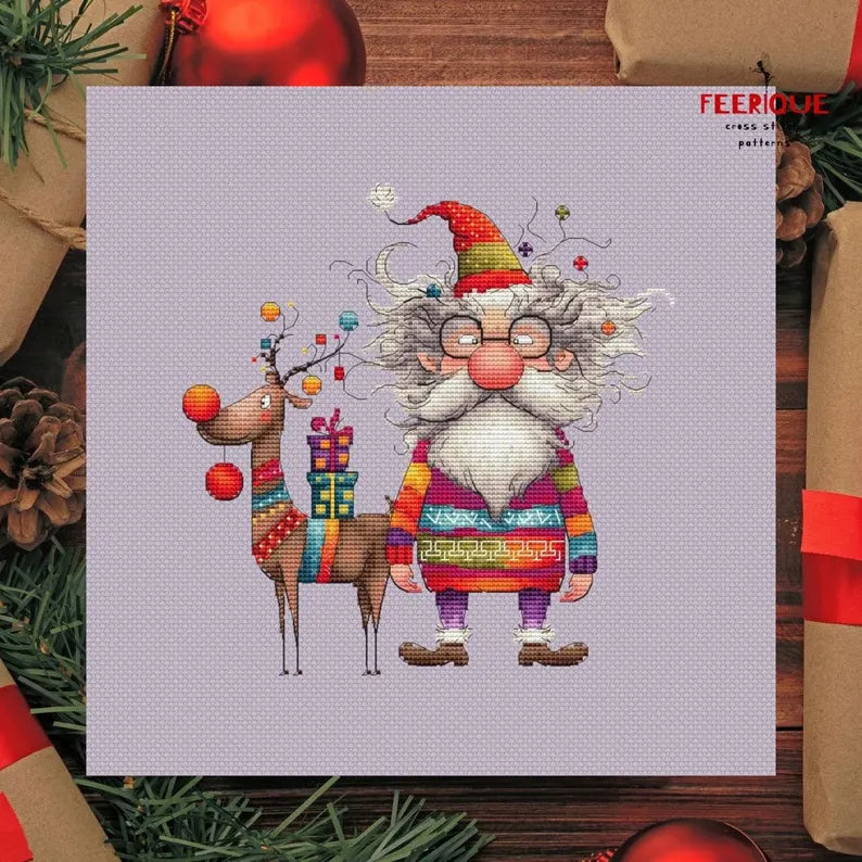 Festive Christmas Cross Stitch Pattern: Santa Claus and Reindeer Delight, digital Saga, PDF, funny grandfather frost, humorous reindeer