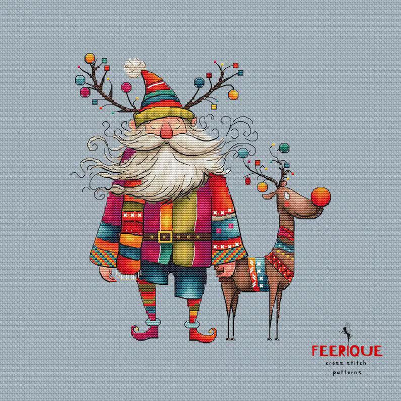 Set of 3 Humorous Christmas Cross Stitch Patterns - Santa, Reindeer, & Christmas Tree, Funny Grandfather Frost, Reindeer, Digital PDF Chart