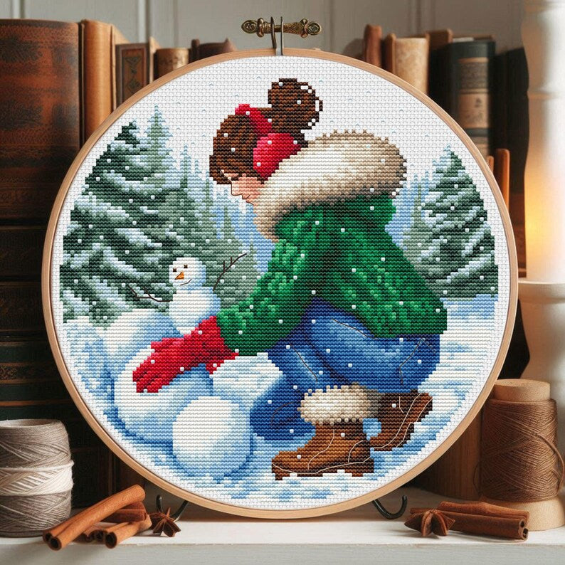 Winter Snowman Cross Stitch Pattern: Girl in Forest Instant Download