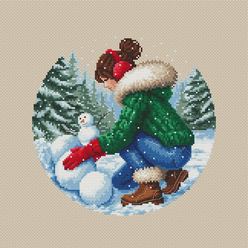 Winter Snowman Cross Stitch Pattern: Girl in Forest Instant Download