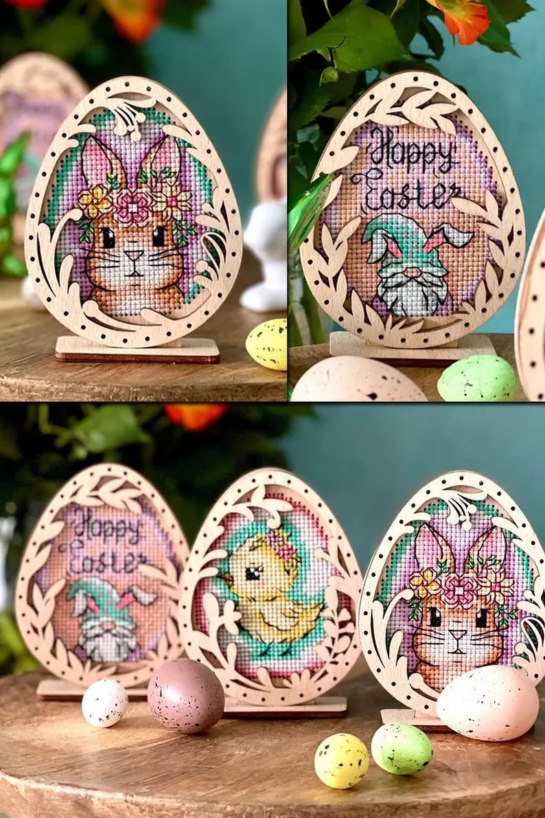 Cross stitch KIT: Easter Eggs, Spring, Flowers, Gnome, Rabbit, Chicken, Plastic canvas, Small, Needlework, Cute, Modern, Cards, Craft, DIY