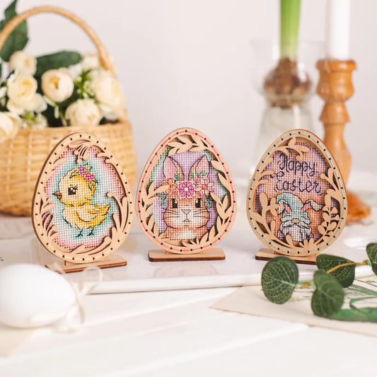 Cross stitch KIT: Easter Eggs, Spring, Flowers, Gnome, Rabbit, Chicken, Plastic canvas, Small, Needlework, Cute, Modern, Cards, Craft, DIY