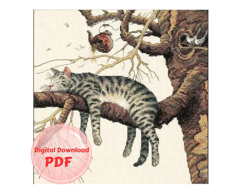 Cross Stitch Pattern Too Tired (Too pooped), Instant Download PDF + XSD Saga, Animal Design, Sleeping cat on a branch, Instant Download Instant Download