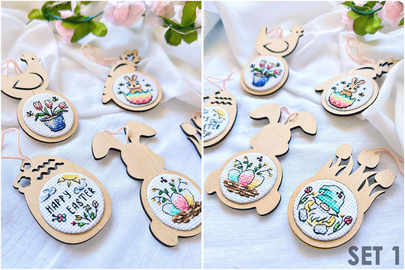 Cross stitch KIT: Easter, Eggs, Spring, Flowers, Gnome, Rabbit, Chicken, Mini gift, Small, Needlework, Cute, Modern, Cards, Craft, DIY