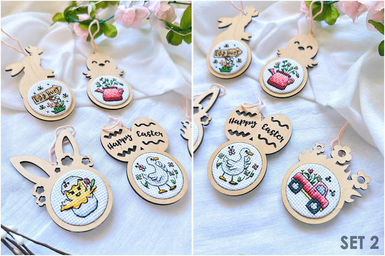 Cross stitch KIT: Easter, Eggs, Spring, Flowers, Gnome, Rabbit, Chicken, Mini gift, Small, Needlework, Cute, Modern, Cards, Craft, DIY