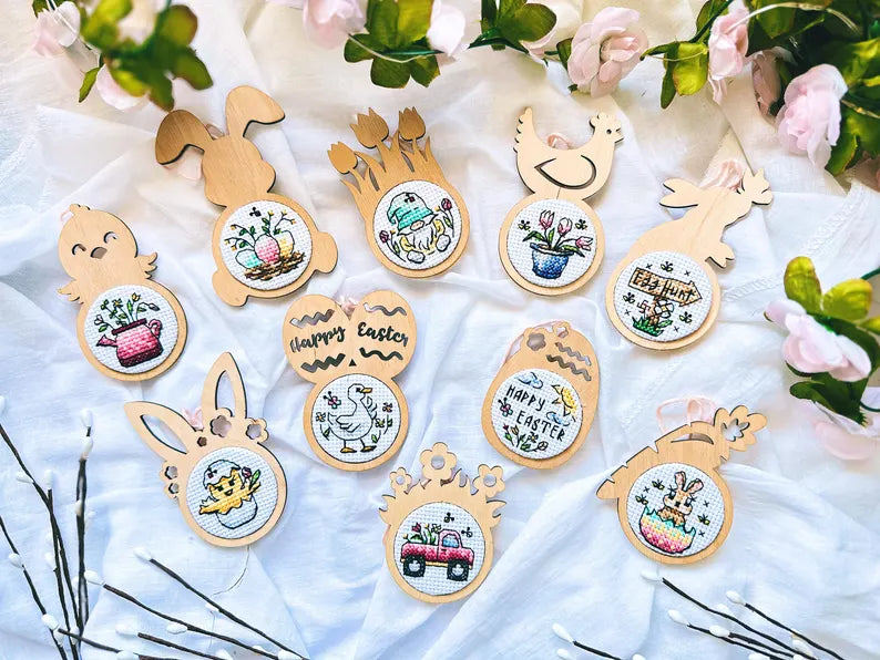 Cross stitch KIT: Easter, Eggs, Spring, Flowers, Gnome, Rabbit, Chicken, Mini gift, Small, Needlework, Cute, Modern, Cards, Craft, DIY