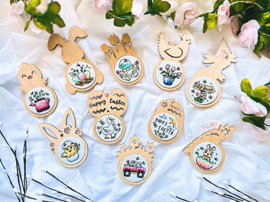 Cross stitch KIT: Easter, Eggs, Spring, Flowers, Gnome, Rabbit, Chicken, Mini gift, Small, Needlework, Cute, Modern, Cards, Craft, DIY