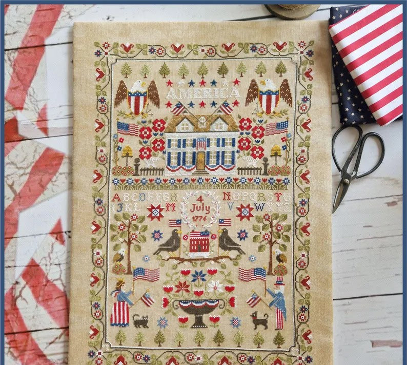 DIGITAL PDF FILE "American sampler", cross stitch chart, with alphabeth, sampler, patriotic, Americana, 4th July, red white and blue
