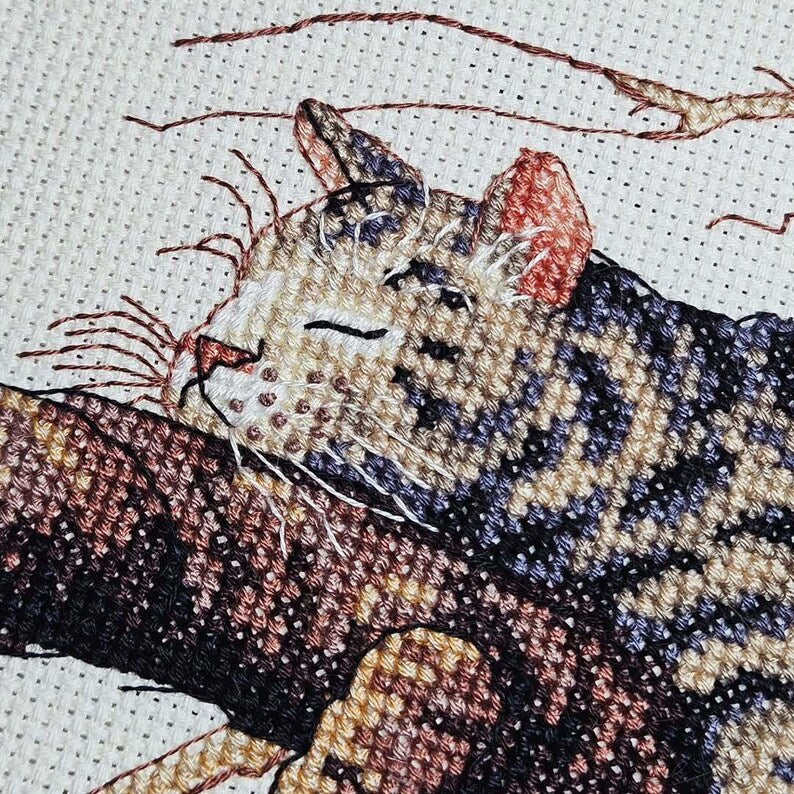Cross Stitch Pattern Too Tired (Too pooped), Instant Download PDF + XSD Saga, Animal Design, Sleeping cat on a branch, Instant Download Instant Download