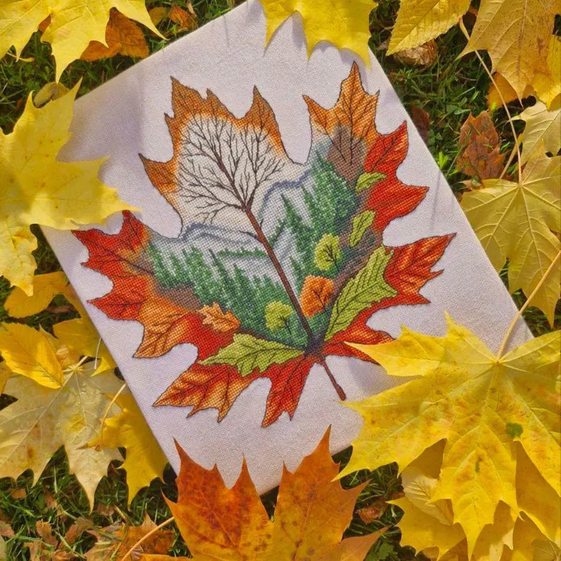 Autumn Leaf Cross Stitch Pattern: Forest Landscape Embroidery (PDF Downloadable Chart)