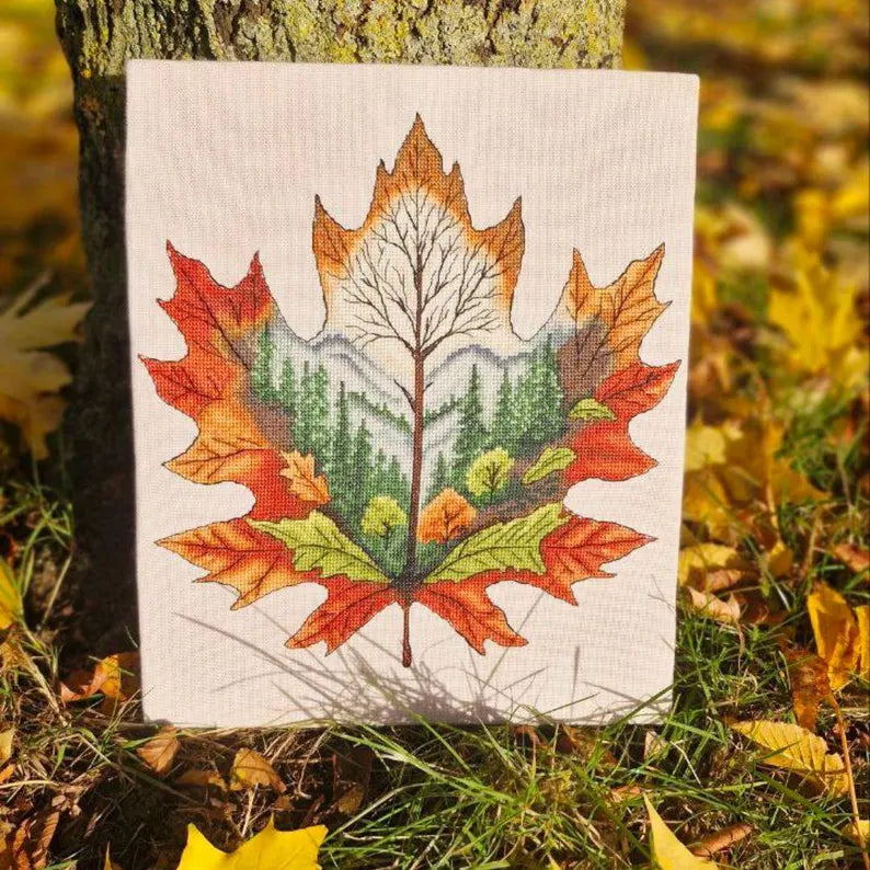 Autumn Leaf Cross Stitch Pattern: Forest Landscape Embroidery (PDF Downloadable Chart)