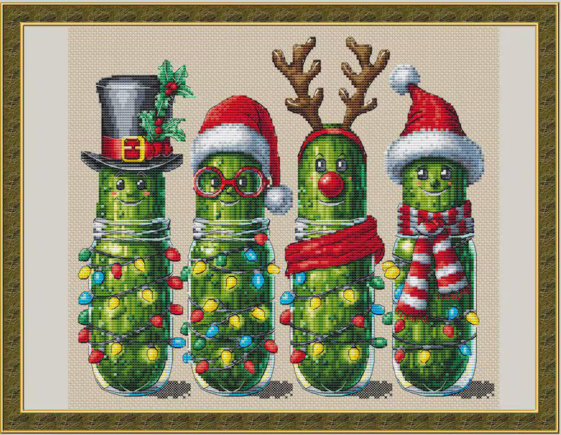Xmas pickles cross stitch pattern, Christmas cucumbers x-stitch, funny vegetables design, cute food