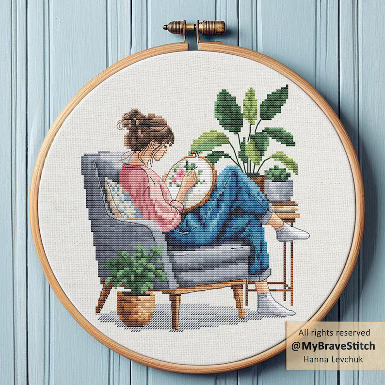 Girl Stitching Cross Stitch Pattern (PDF Digital Download)