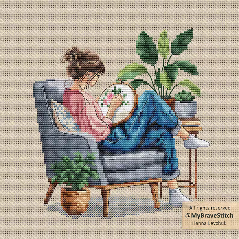 Girl Stitching Cross Stitch Pattern (PDF Digital Download)