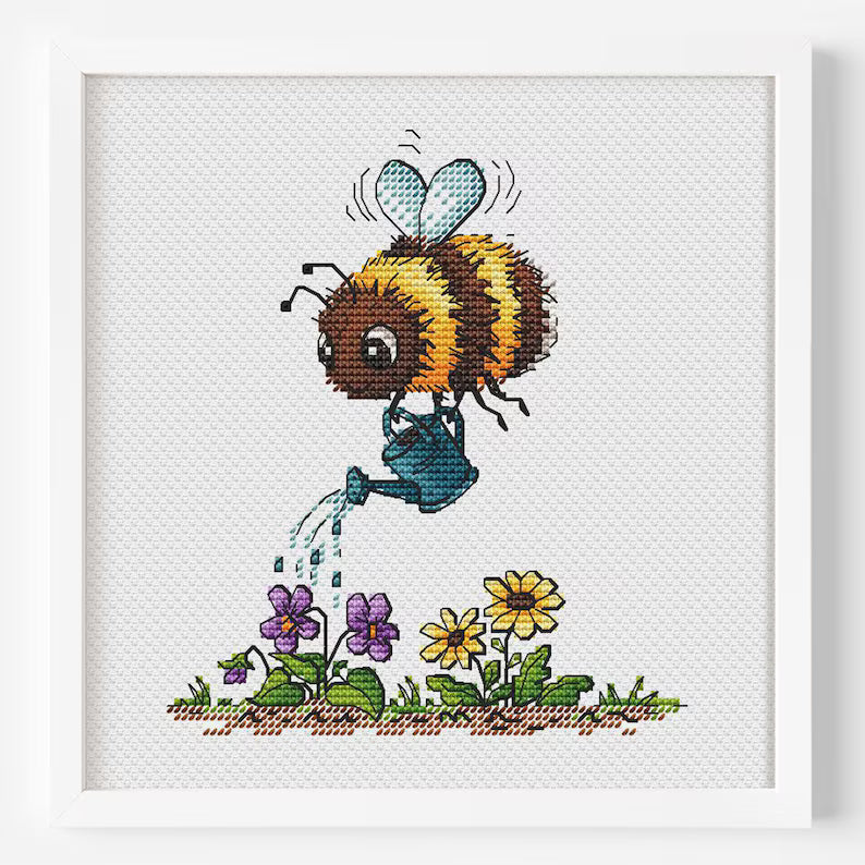 Bee Cross Stitch Pattern PDF Bumblebee Watering Spring Garden Instant Download Digital File