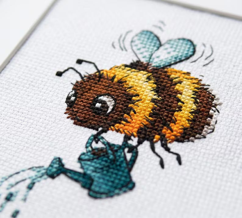 Bee Cross Stitch Pattern PDF Bumblebee Watering Spring Garden Instant Download Digital File