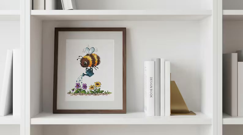 Bee Cross Stitch Pattern PDF Bumblebee Watering Spring Garden Instant Download Digital File