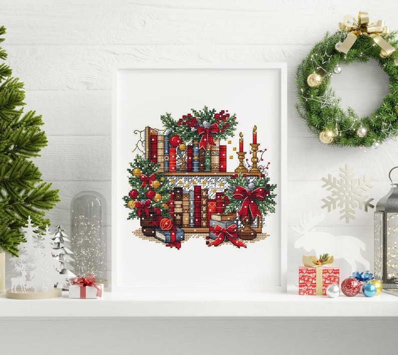 Christmas Bookshelf Cross Stitch Pattern PDF, New Year Decor Design Digital, Festive Garland, Bows, Holiday Candles Embroidery