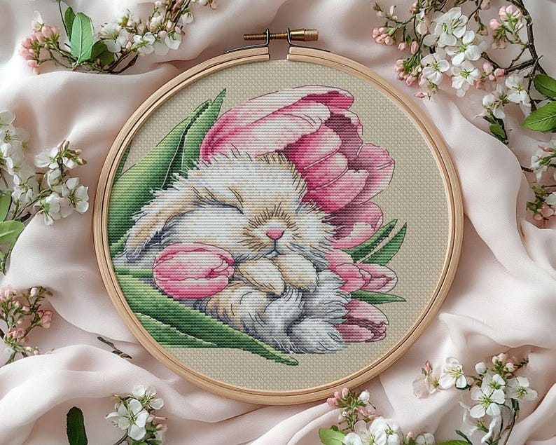 Baby Bunny Cross Stitch Pattern Fluffy Bunny Pattern Tulips PDF Pattern Little Bunny Pattern Bunny DMC Chart Printable PDF Instant Download