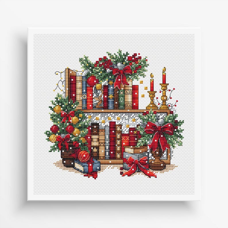 Christmas Bookshelf Cross Stitch Pattern PDF, New Year Decor Design Digital, Festive Garland, Bows, Holiday Candles Embroidery