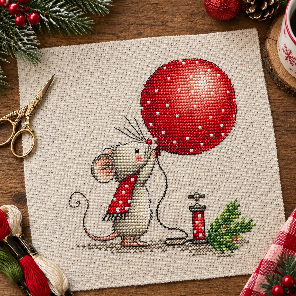 Christmas Mouse Cross Stitch Pattern PDF Cute Mouse with Red Balloon Counted Cross Stitch Chart Winter Nursery Embroidery Design
