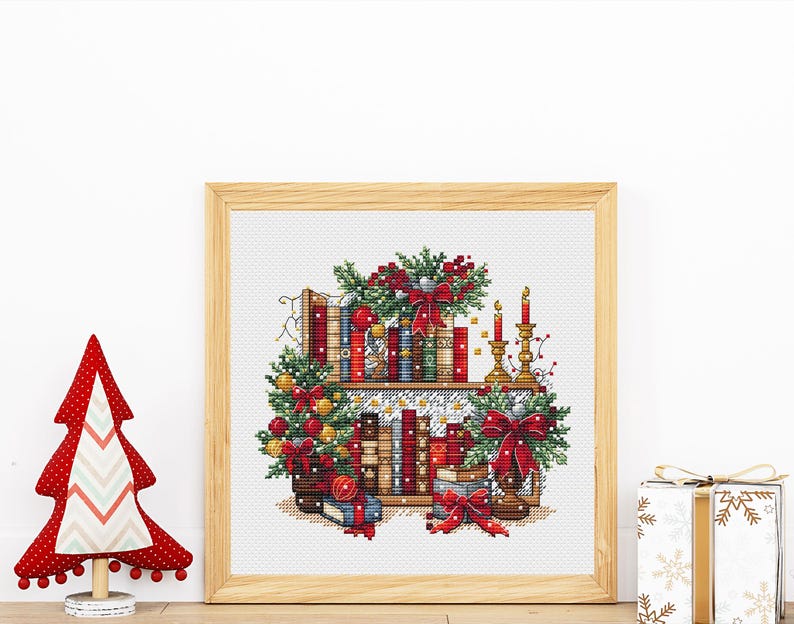 Christmas Bookshelf Cross Stitch Pattern PDF, New Year Decor Design Digital, Festive Garland, Bows, Holiday Candles Embroidery