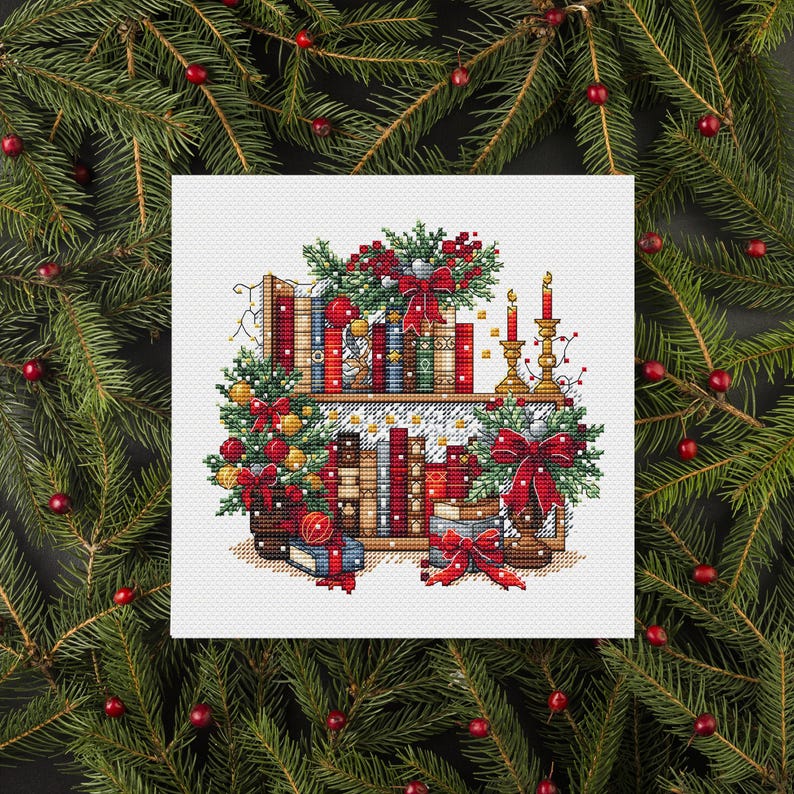 Christmas Bookshelf Cross Stitch Pattern PDF, New Year Decor Design Digital, Festive Garland, Bows, Holiday Candles Embroidery