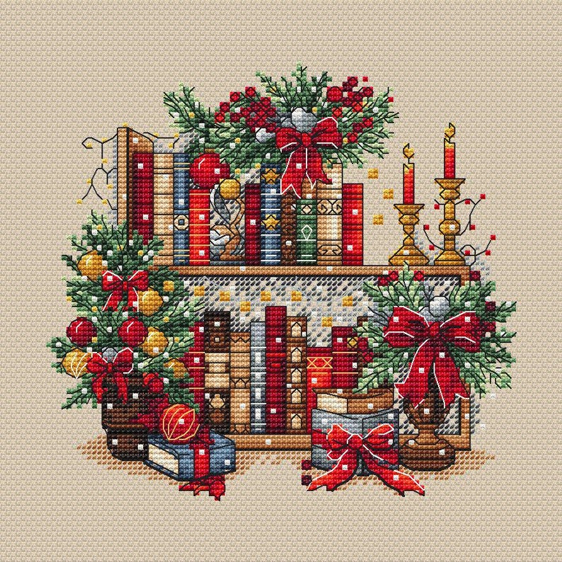 Christmas Bookshelf Cross Stitch Pattern PDF, New Year Decor Design Digital, Festive Garland, Bows, Holiday Candles Embroidery