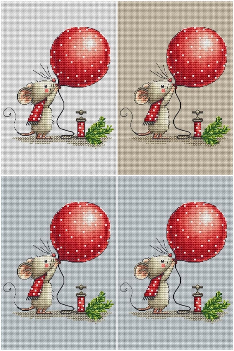 Christmas Mouse Cross Stitch Pattern PDF Cute Mouse with Red Balloon Counted Cross Stitch Chart Winter Nursery Embroidery Design