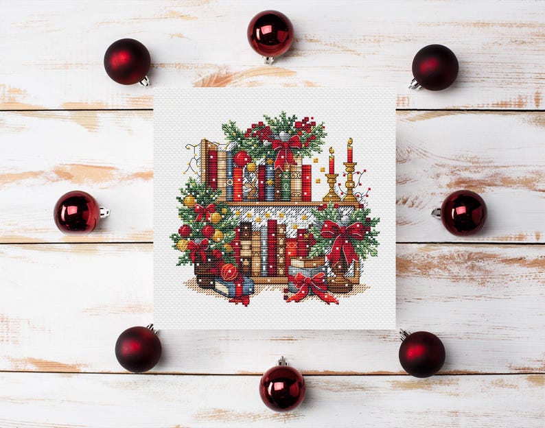 Christmas Bookshelf Cross Stitch Pattern PDF, New Year Decor Design Digital, Festive Garland, Bows, Holiday Candles Embroidery